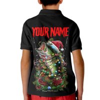 Custom Christmas Bass Fishing Kid Polo Shirt Santa Hat and Holiday Lights on Black Background - Wonder Print Shop
