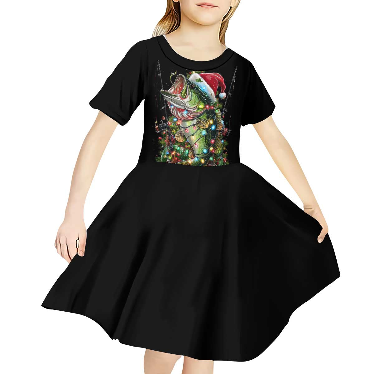 Custom Christmas Bass Fishing Kid Short Sleeve Dress Santa Hat and Holiday Lights on Black Background - Wonder Print Shop