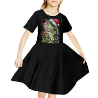Custom Christmas Bass Fishing Kid Short Sleeve Dress Santa Hat and Holiday Lights on Black Background - Wonder Print Shop