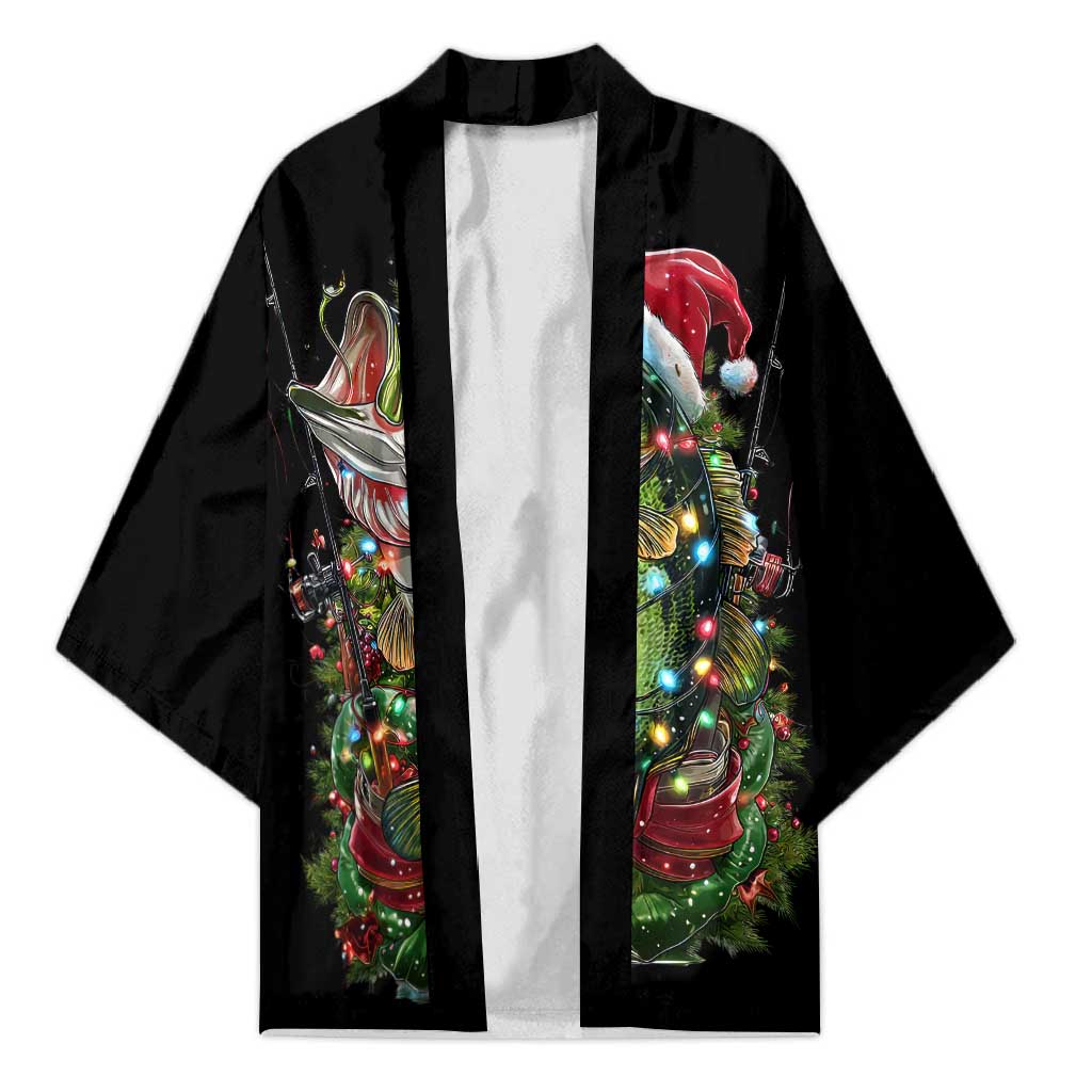 Custom Christmas Bass Fishing Kimono Santa Hat and Holiday Lights on Black Background - Wonder Print Shop