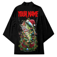 Custom Christmas Bass Fishing Kimono Santa Hat and Holiday Lights on Black Background - Wonder Print Shop