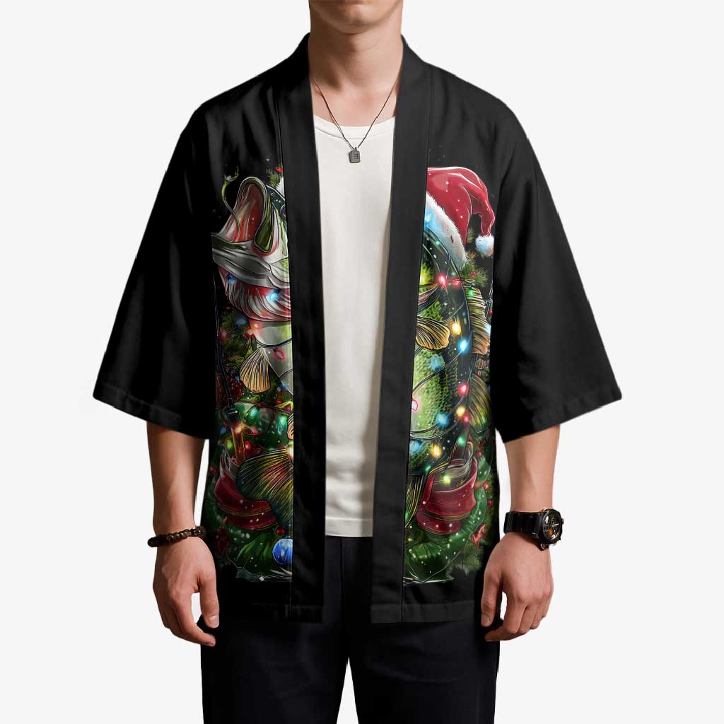 Custom Christmas Bass Fishing Kimono Santa Hat and Holiday Lights on Black Background - Wonder Print Shop