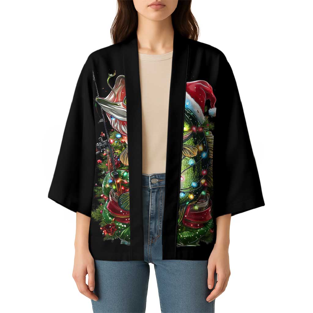 Custom Christmas Bass Fishing Kimono Santa Hat and Holiday Lights on Black Background - Wonder Print Shop