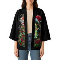 Custom Christmas Bass Fishing Kimono Santa Hat and Holiday Lights on Black Background - Wonder Print Shop