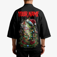 Custom Christmas Bass Fishing Kimono Santa Hat and Holiday Lights on Black Background - Wonder Print Shop