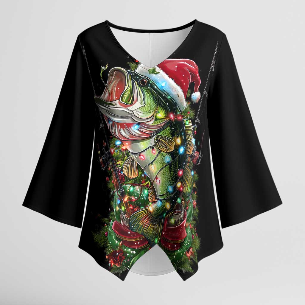 Custom Christmas Bass Fishing Kimono Sleeve Blouse Santa Hat and Holiday Lights on Black Background - Wonder Print Shop