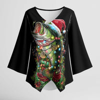 Custom Christmas Bass Fishing Kimono Sleeve Blouse Santa Hat and Holiday Lights on Black Background - Wonder Print Shop