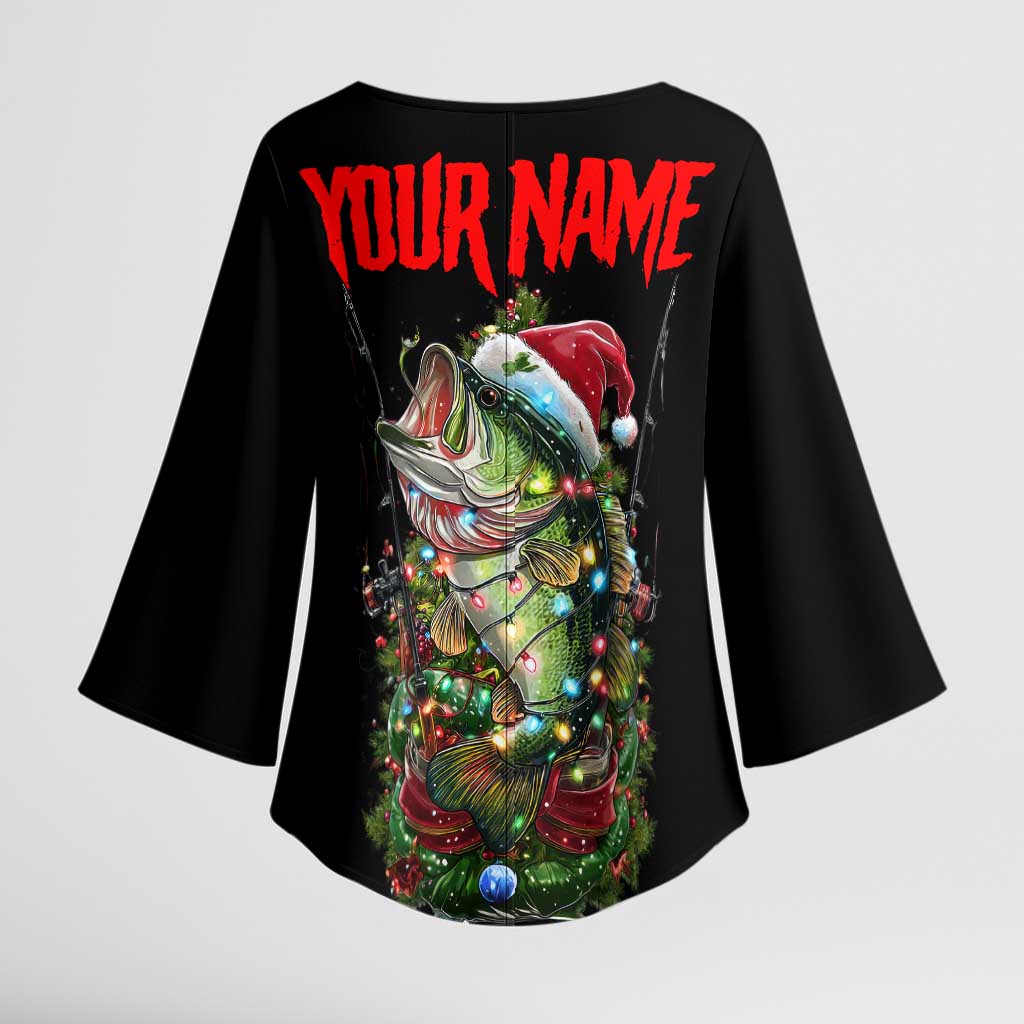 Custom Christmas Bass Fishing Kimono Sleeve Blouse Santa Hat and Holiday Lights on Black Background - Wonder Print Shop
