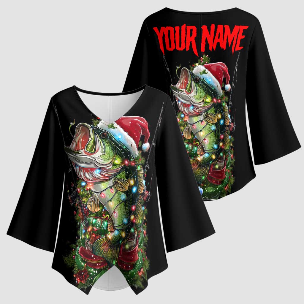 Custom Christmas Bass Fishing Kimono Sleeve Blouse Santa Hat and Holiday Lights on Black Background - Wonder Print Shop