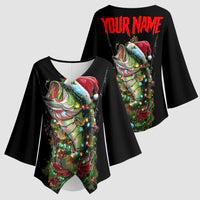 Custom Christmas Bass Fishing Kimono Sleeve Blouse Santa Hat and Holiday Lights on Black Background - Wonder Print Shop