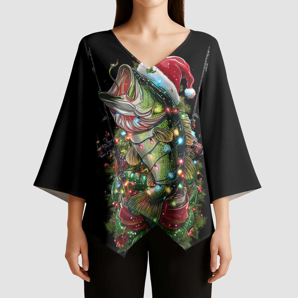 Custom Christmas Bass Fishing Kimono Sleeve Blouse Santa Hat and Holiday Lights on Black Background - Wonder Print Shop