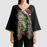 Custom Christmas Bass Fishing Kimono Sleeve Blouse Santa Hat and Holiday Lights on Black Background - Wonder Print Shop