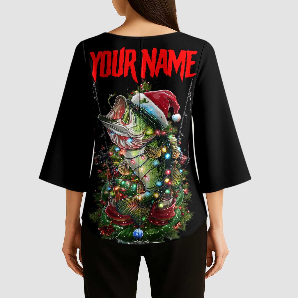Custom Christmas Bass Fishing Kimono Sleeve Blouse Santa Hat and Holiday Lights on Black Background - Wonder Print Shop