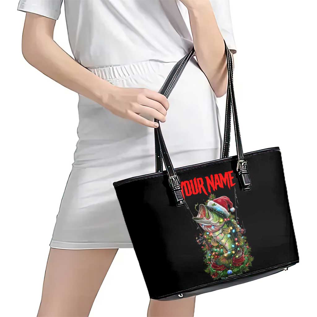 Custom Christmas Bass Fishing Leather Tote Bag Santa Hat and Holiday Lights on Black Background - Wonder Print Shop