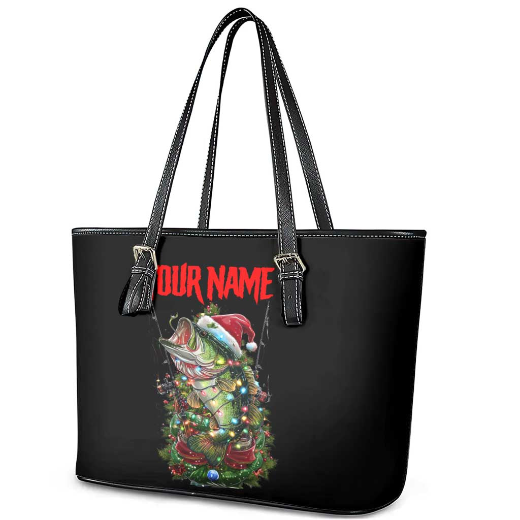 Custom Christmas Bass Fishing Leather Tote Bag Santa Hat and Holiday Lights on Black Background - Wonder Print Shop