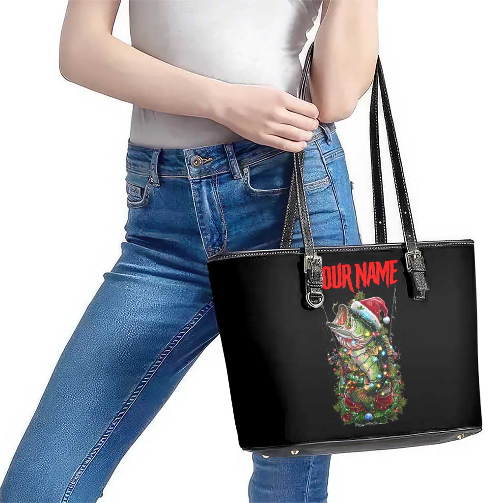 Custom Christmas Bass Fishing Leather Tote Bag Santa Hat and Holiday Lights on Black Background - Wonder Print Shop