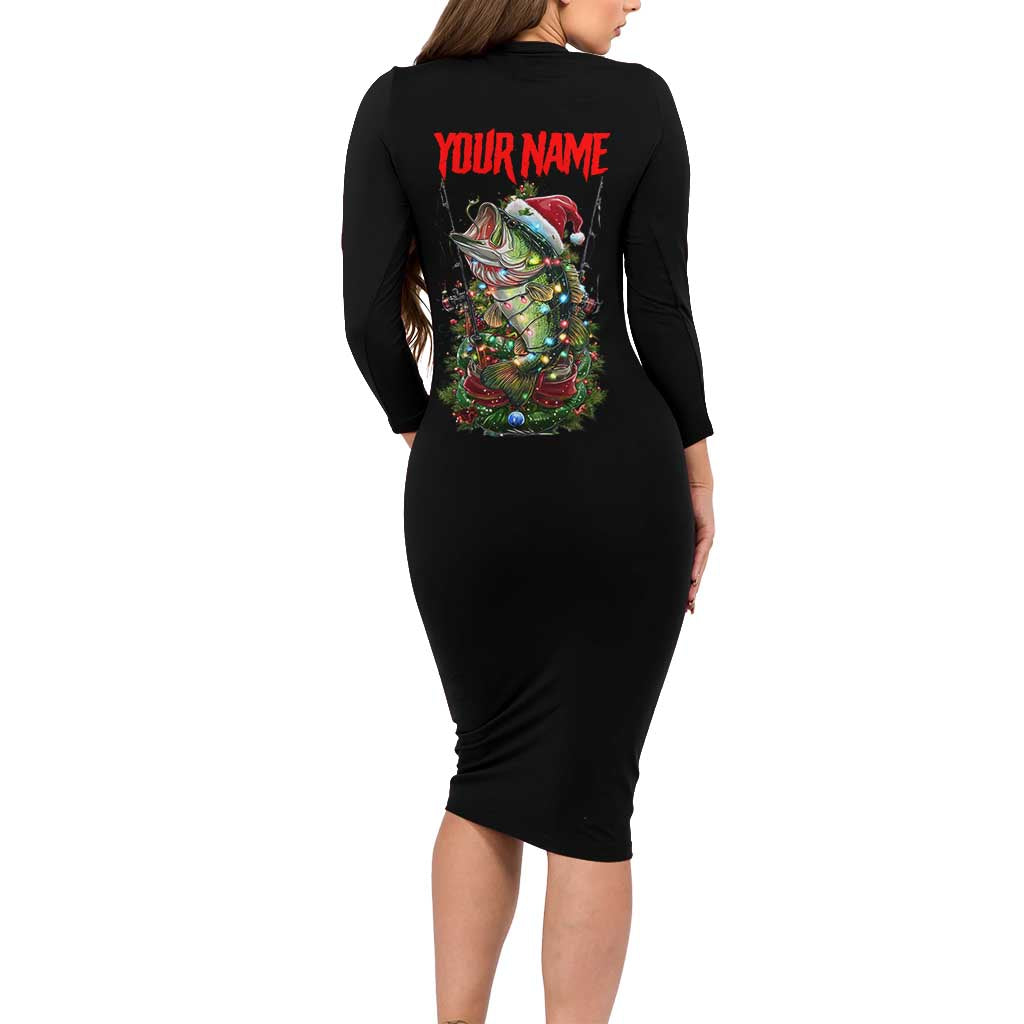 Custom Christmas Bass Fishing Long Sleeve Bodycon Dress Santa Hat and Holiday Lights on Black Background - Wonder Print Shop