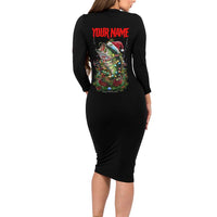 Custom Christmas Bass Fishing Long Sleeve Bodycon Dress Santa Hat and Holiday Lights on Black Background - Wonder Print Shop