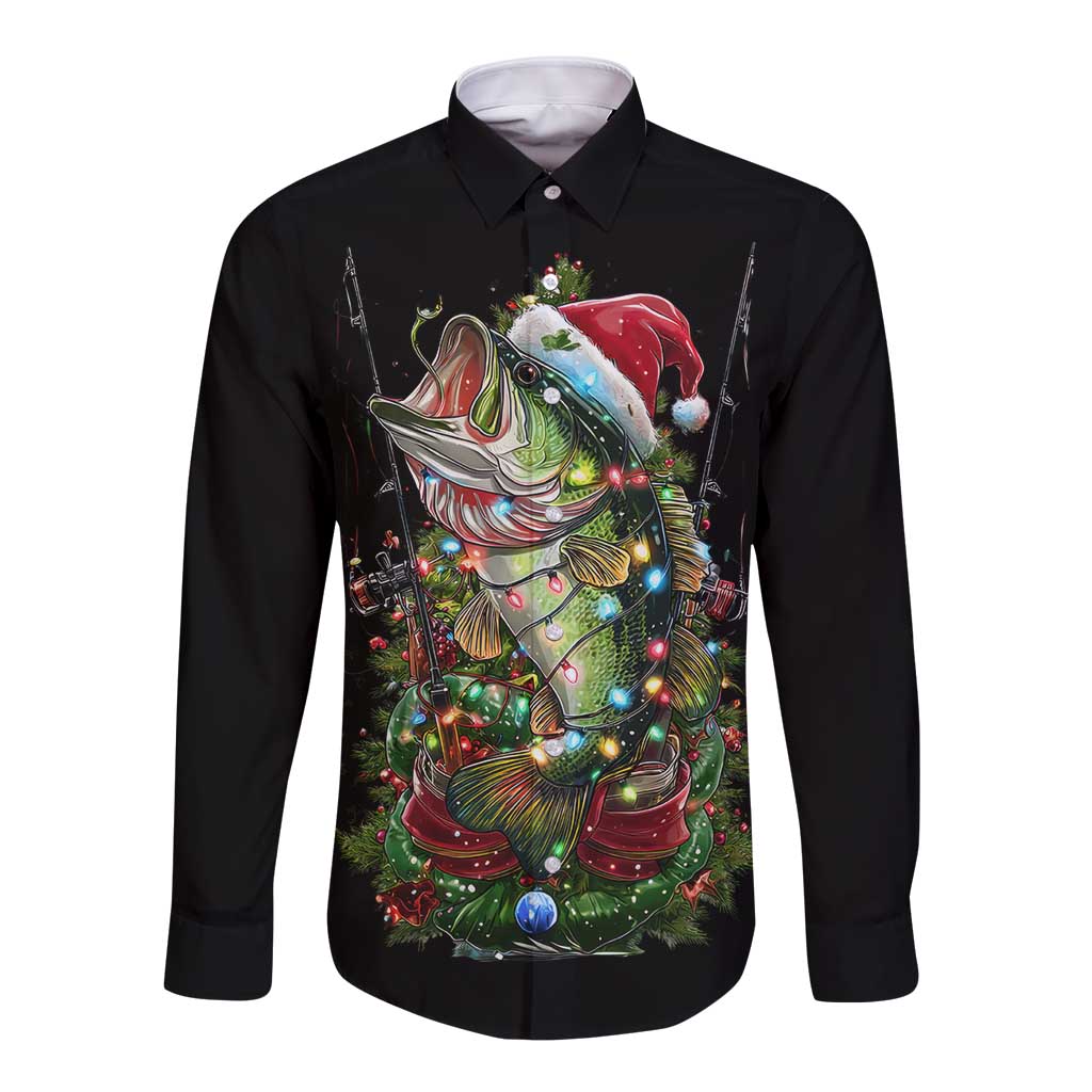 Custom Christmas Bass Fishing Long Sleeve Button Shirt Santa Hat and Holiday Lights on Black Background - Wonder Print Shop