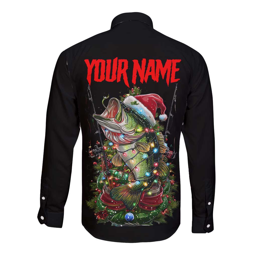 Custom Christmas Bass Fishing Long Sleeve Button Shirt Santa Hat and Holiday Lights on Black Background - Wonder Print Shop