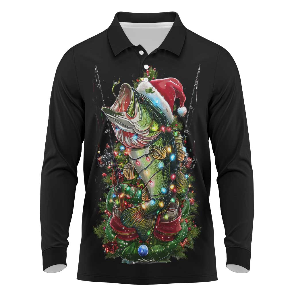 Custom Christmas Bass Fishing Long Sleeve Polo Shirt Santa Hat and Holiday Lights on Black Background - Wonder Print Shop