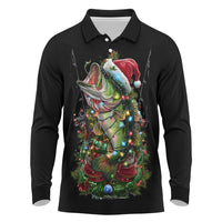 Custom Christmas Bass Fishing Long Sleeve Polo Shirt Santa Hat and Holiday Lights on Black Background - Wonder Print Shop
