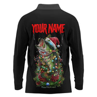 Custom Christmas Bass Fishing Long Sleeve Polo Shirt Santa Hat and Holiday Lights on Black Background - Wonder Print Shop