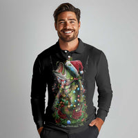 Custom Christmas Bass Fishing Long Sleeve Polo Shirt Santa Hat and Holiday Lights on Black Background - Wonder Print Shop