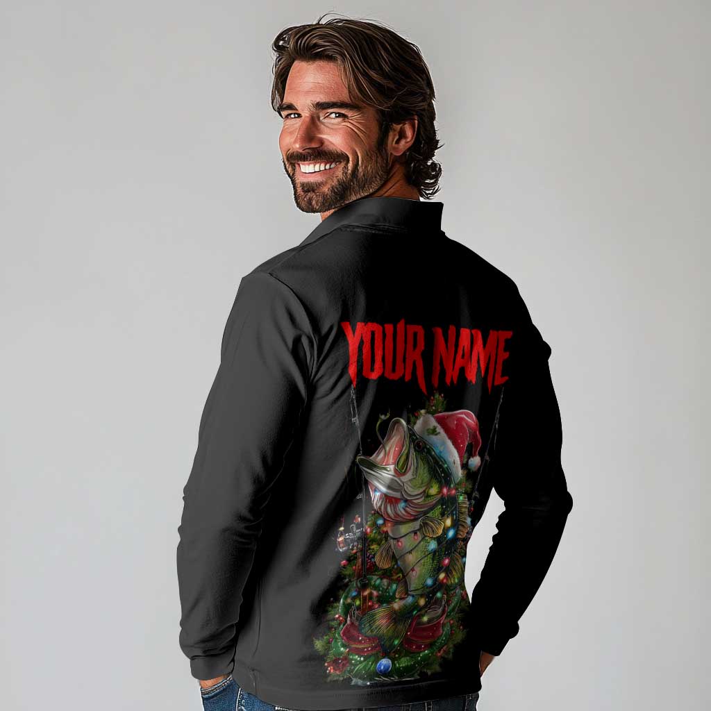 Custom Christmas Bass Fishing Long Sleeve Polo Shirt Santa Hat and Holiday Lights on Black Background - Wonder Print Shop