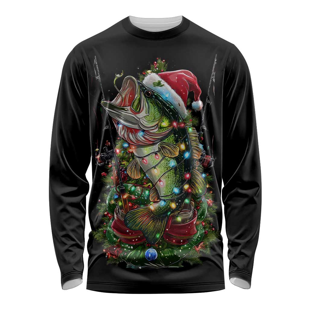 Custom Christmas Bass Fishing Long Sleeve Shirt Santa Hat and Holiday Lights on Black Background - Wonder Print Shop