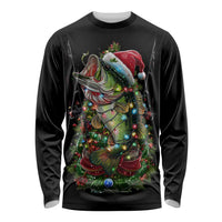 Custom Christmas Bass Fishing Long Sleeve Shirt Santa Hat and Holiday Lights on Black Background - Wonder Print Shop