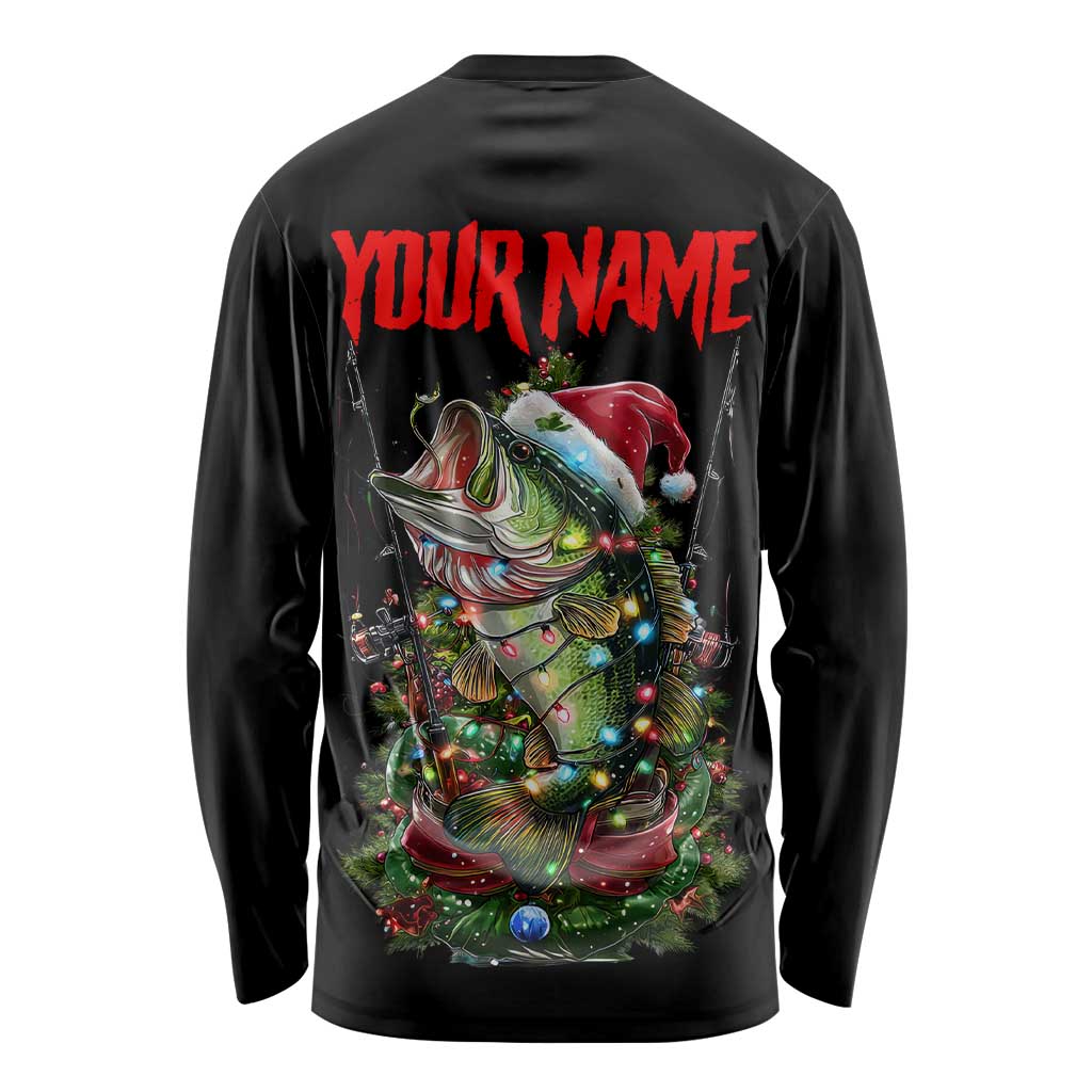 Custom Christmas Bass Fishing Long Sleeve Shirt Santa Hat and Holiday Lights on Black Background - Wonder Print Shop