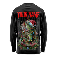 Custom Christmas Bass Fishing Long Sleeve Shirt Santa Hat and Holiday Lights on Black Background - Wonder Print Shop