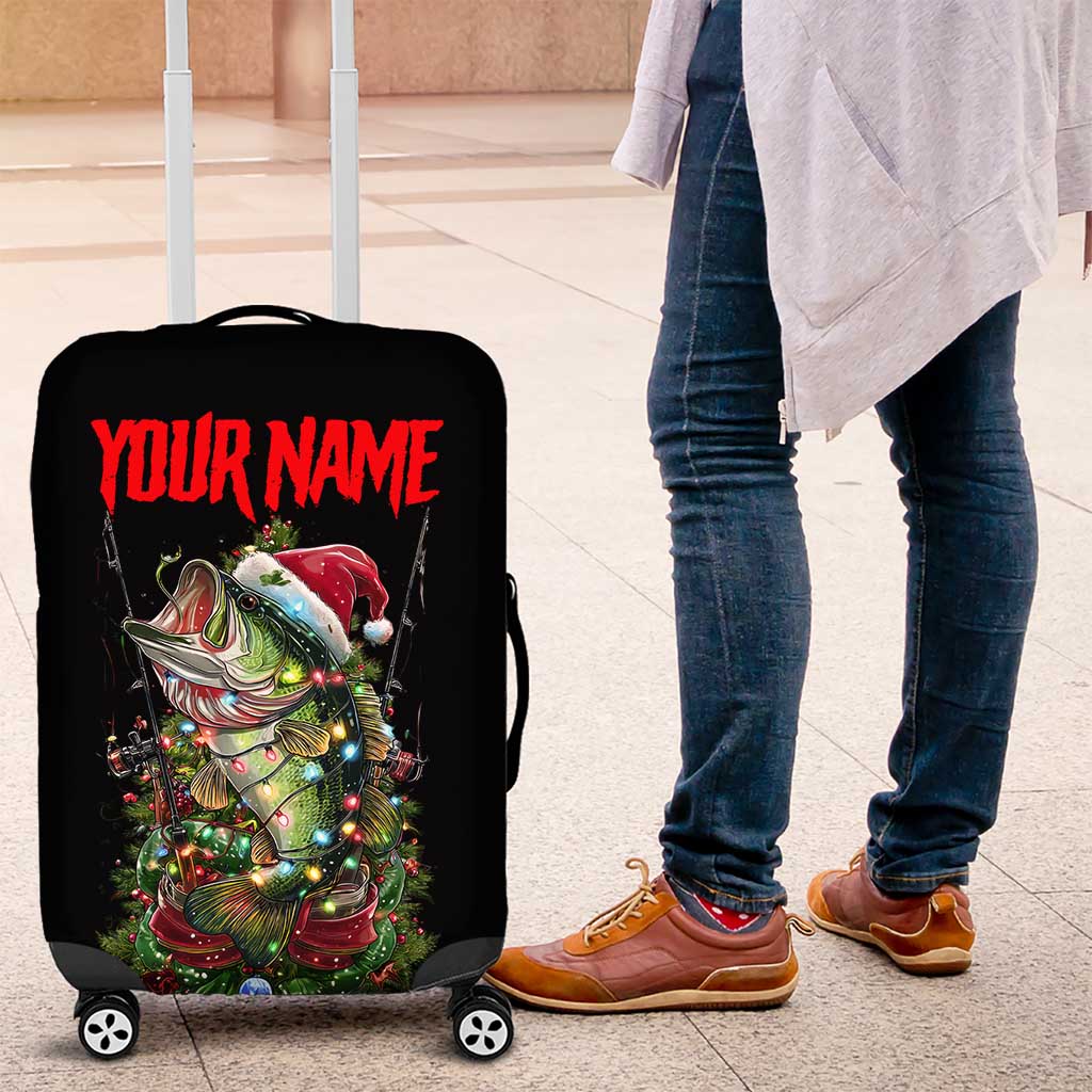 Custom Christmas Bass Fishing Luggage Cover Santa Hat and Holiday Lights on Black Background - Wonder Print Shop