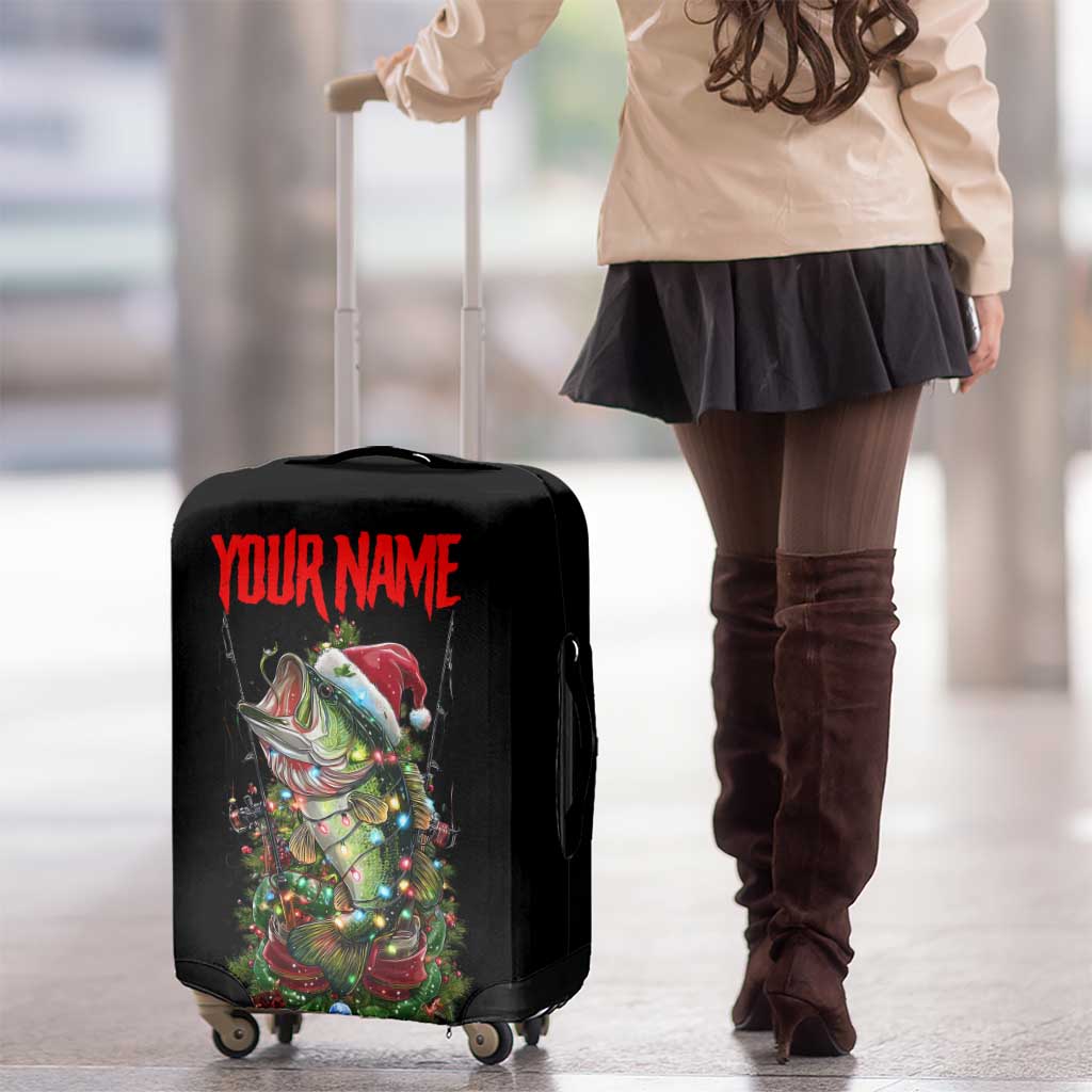 Custom Christmas Bass Fishing Luggage Cover Santa Hat and Holiday Lights on Black Background - Wonder Print Shop