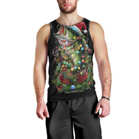 Custom Christmas Bass Fishing Men Tank Top Santa Hat and Holiday Lights on Black Background - Wonder Print Shop