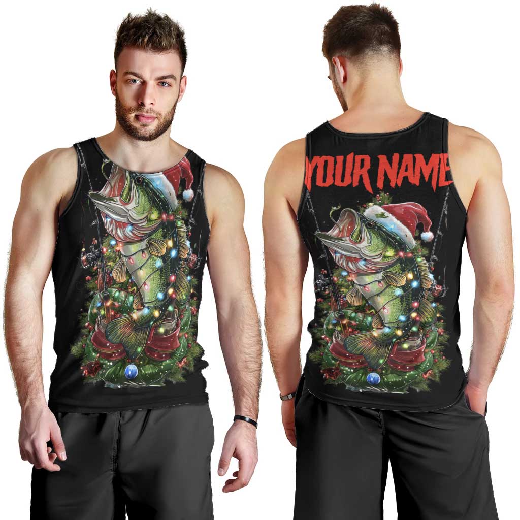 Custom Christmas Bass Fishing Men Tank Top Santa Hat and Holiday Lights on Black Background - Wonder Print Shop