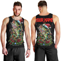 Custom Christmas Bass Fishing Men Tank Top Santa Hat and Holiday Lights on Black Background - Wonder Print Shop