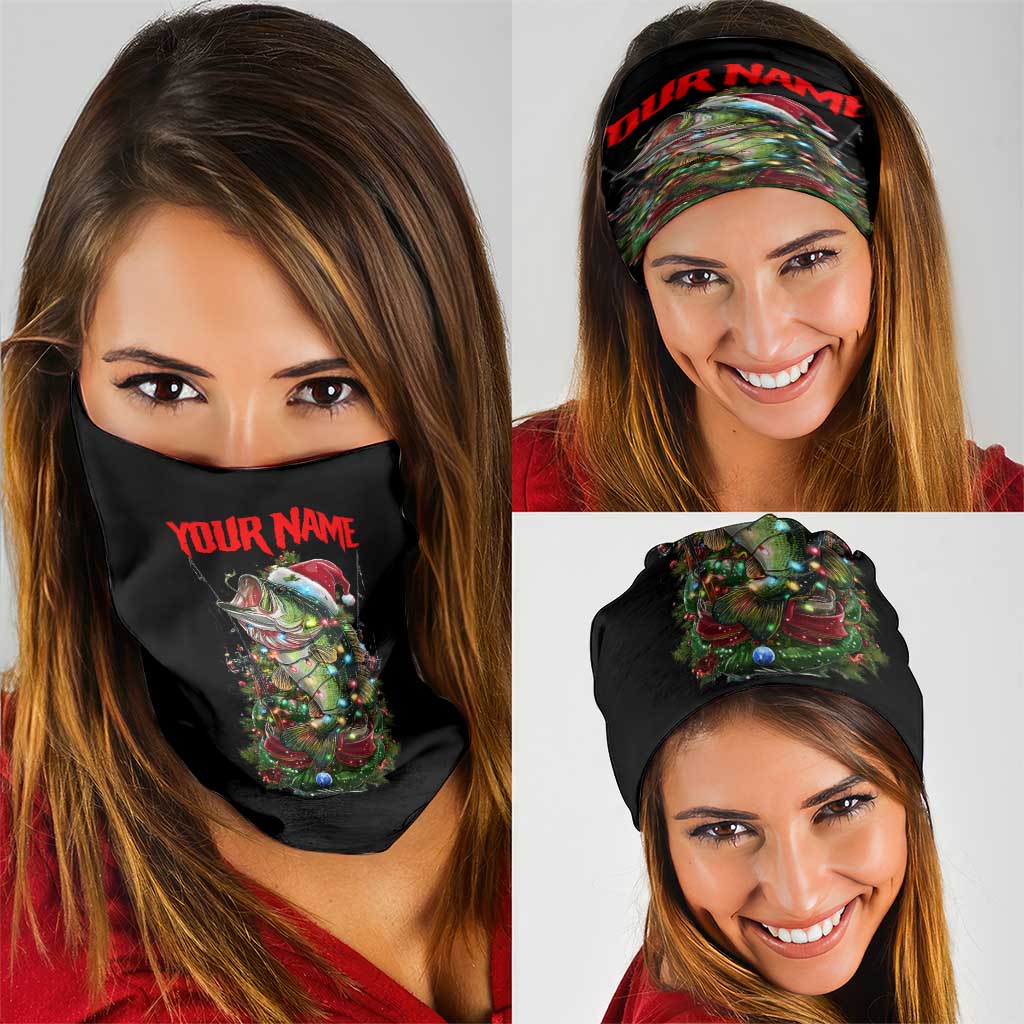 Christmas Bass Fishing Neck Gaiter Santa Hat and Holiday Lights on Black Background TS04