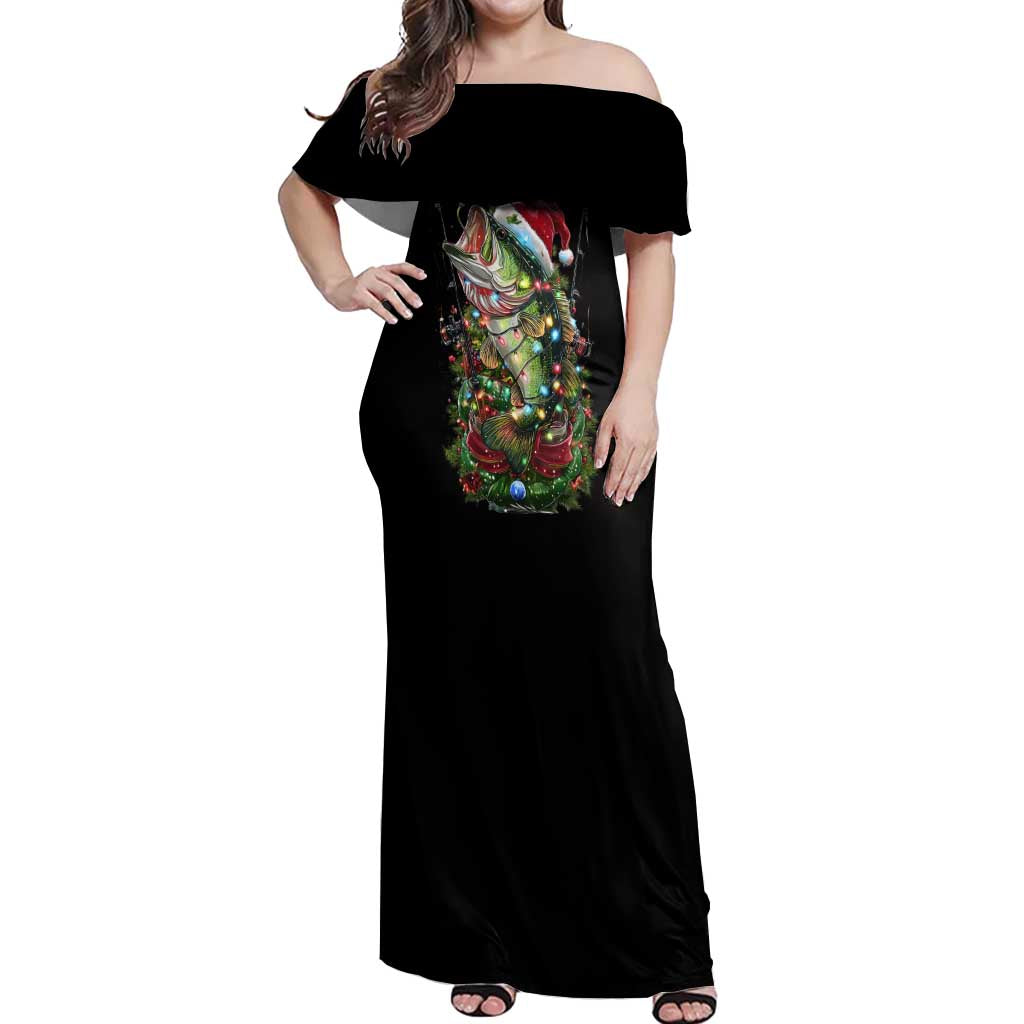 Custom Christmas Bass Fishing Off Shoulder Maxi Dress Santa Hat and Holiday Lights on Black Background - Wonder Print Shop