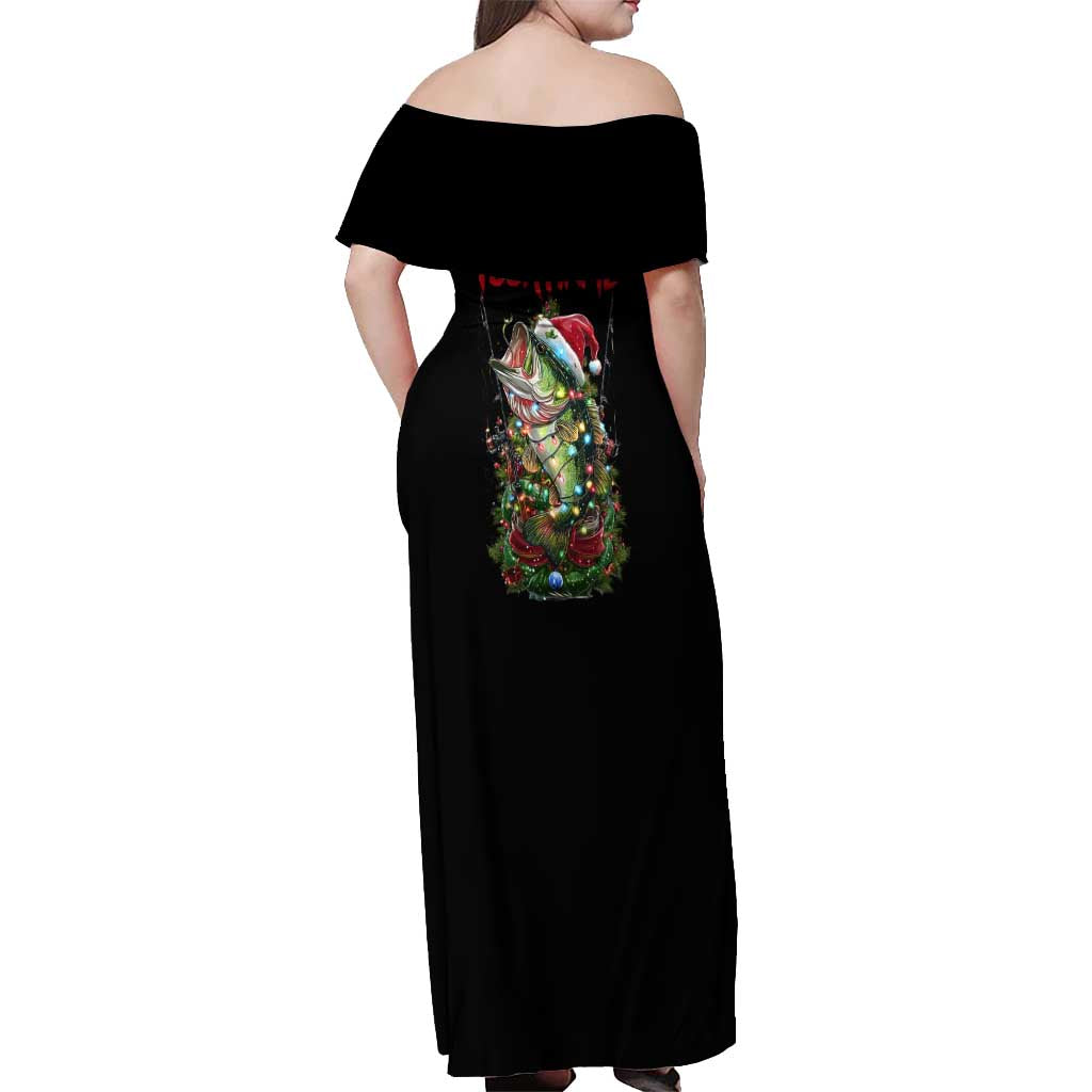 Custom Christmas Bass Fishing Off Shoulder Maxi Dress Santa Hat and Holiday Lights on Black Background - Wonder Print Shop