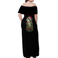 Custom Christmas Bass Fishing Off Shoulder Maxi Dress Santa Hat and Holiday Lights on Black Background - Wonder Print Shop