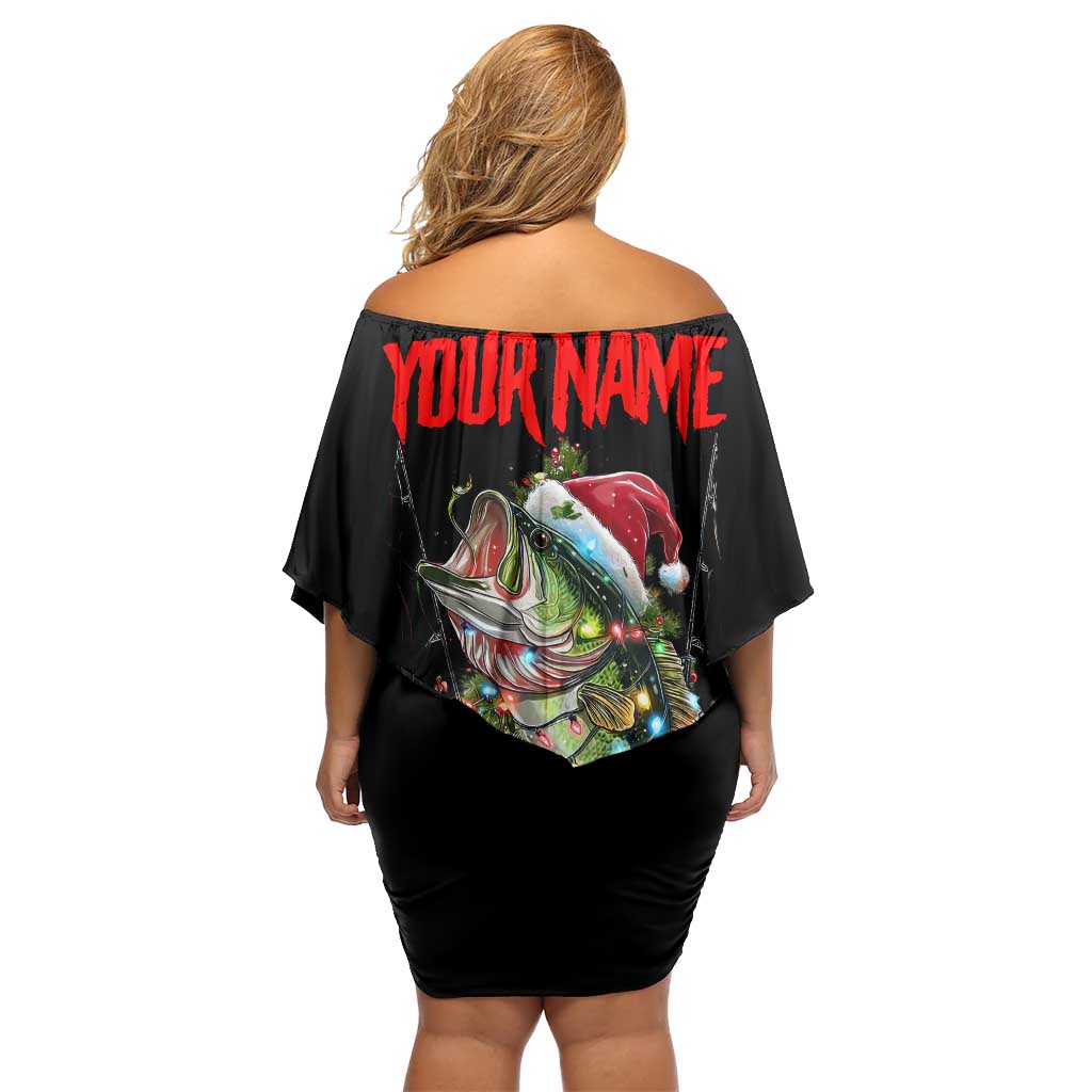 Custom Christmas Bass Fishing Off Shoulder Short Dress Santa Hat and Holiday Lights on Black Background - Wonder Print Shop