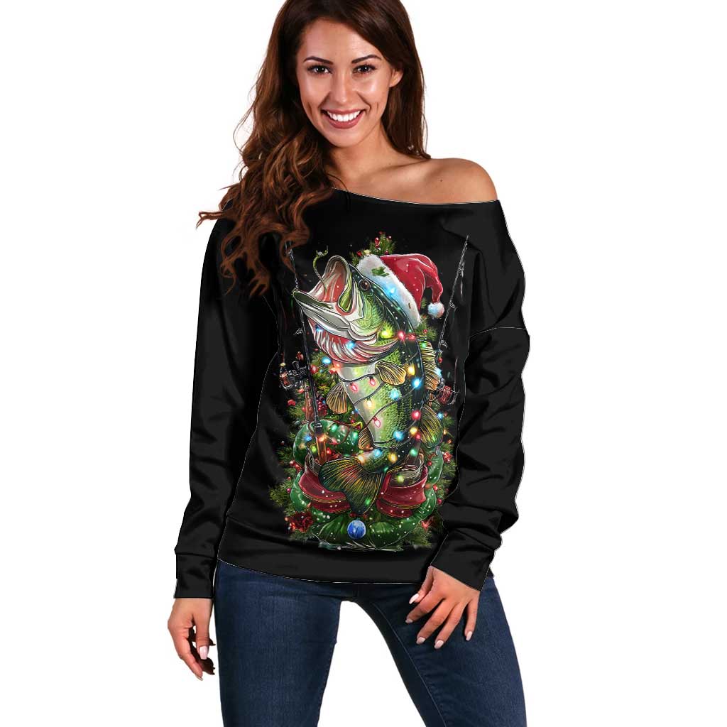 Custom Christmas Bass Fishing Off Shoulder Sweater Santa Hat and Holiday Lights on Black Background - Wonder Print Shop