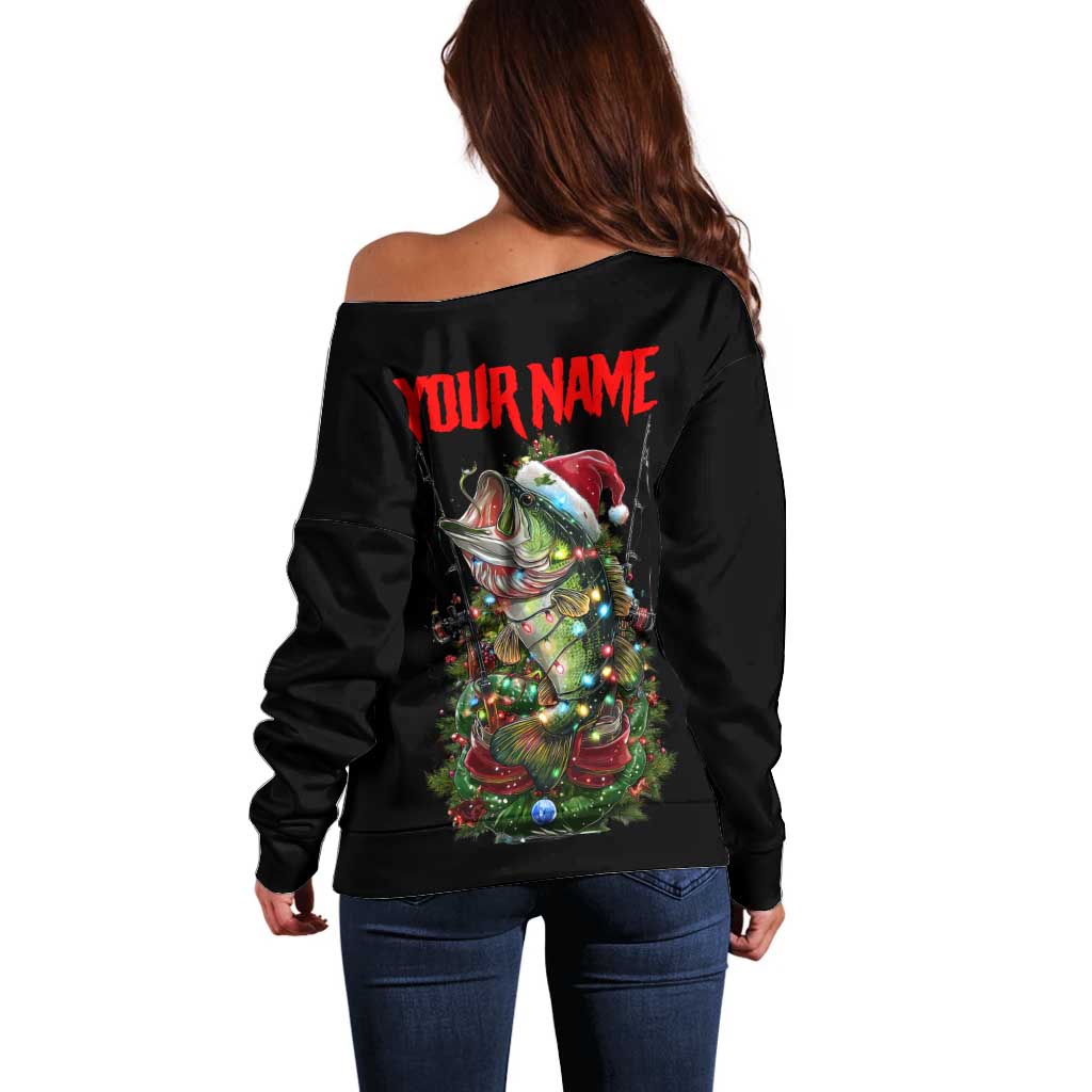 Custom Christmas Bass Fishing Off Shoulder Sweater Santa Hat and Holiday Lights on Black Background - Wonder Print Shop