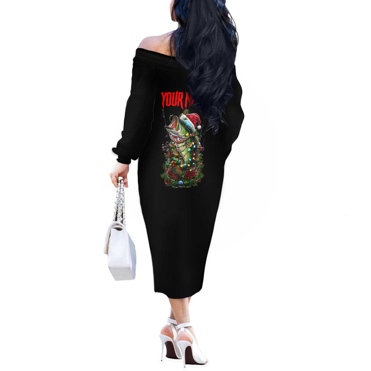Custom Christmas Bass Fishing Off The Shoulder Long Sleeve Dress Santa Hat and Holiday Lights on Black Background - Wonder Print Shop