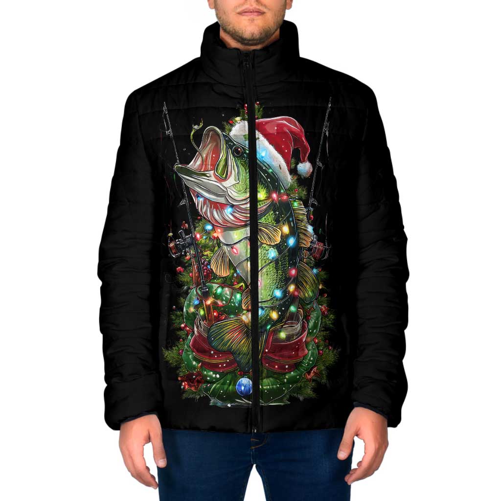 Custom Christmas Bass Fishing Padded Jacket Santa Hat and Holiday Lights on Black Background - Wonder Print Shop