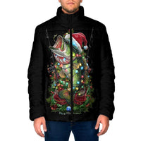 Custom Christmas Bass Fishing Padded Jacket Santa Hat and Holiday Lights on Black Background - Wonder Print Shop