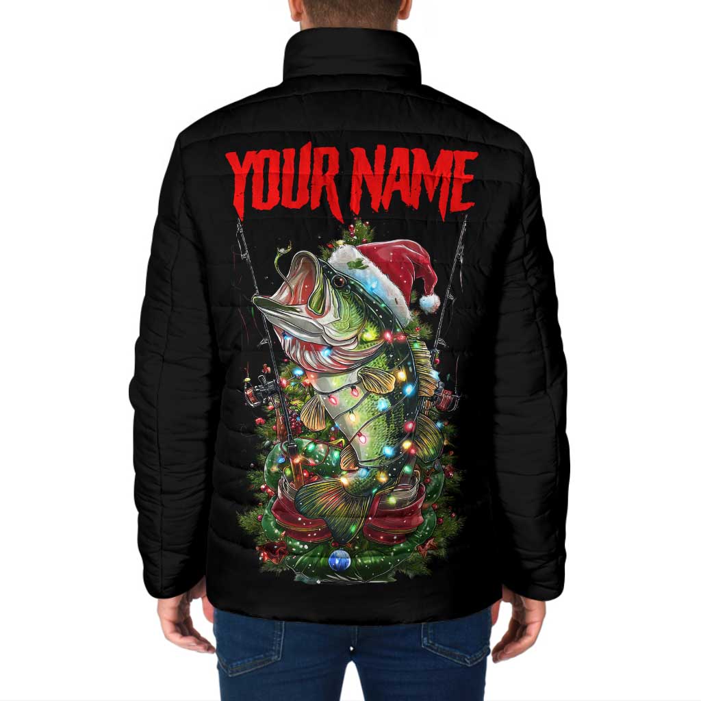 Custom Christmas Bass Fishing Padded Jacket Santa Hat and Holiday Lights on Black Background - Wonder Print Shop