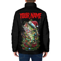 Custom Christmas Bass Fishing Padded Jacket Santa Hat and Holiday Lights on Black Background - Wonder Print Shop